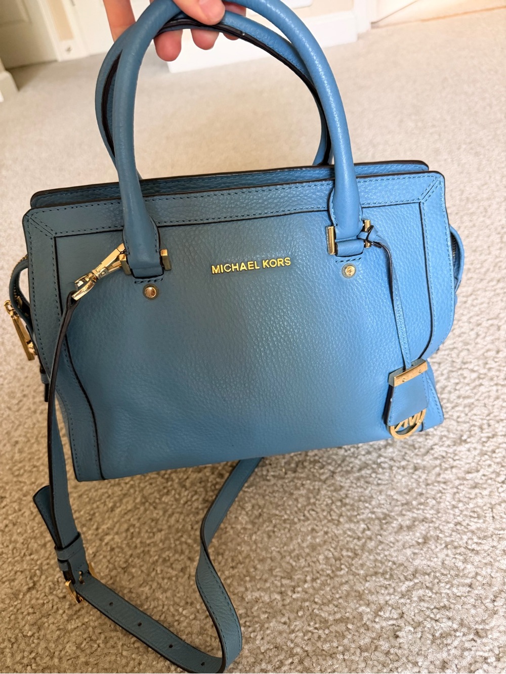 Michael Kors Teal Blue Pebbled Leather Satchel with Gold Hardware